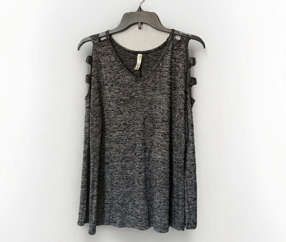 Perception Concepts Women’s Black And Gray Melange Cold Shoulder Top Sz M